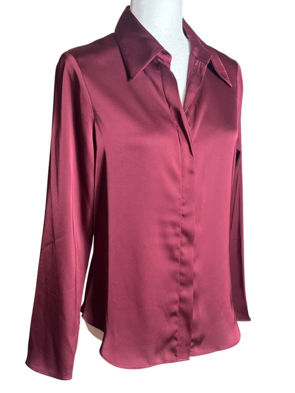 Rachel Zoe Burgundy Satin Blouse Elevated Button Up Fall Capsule Layering Wom XS